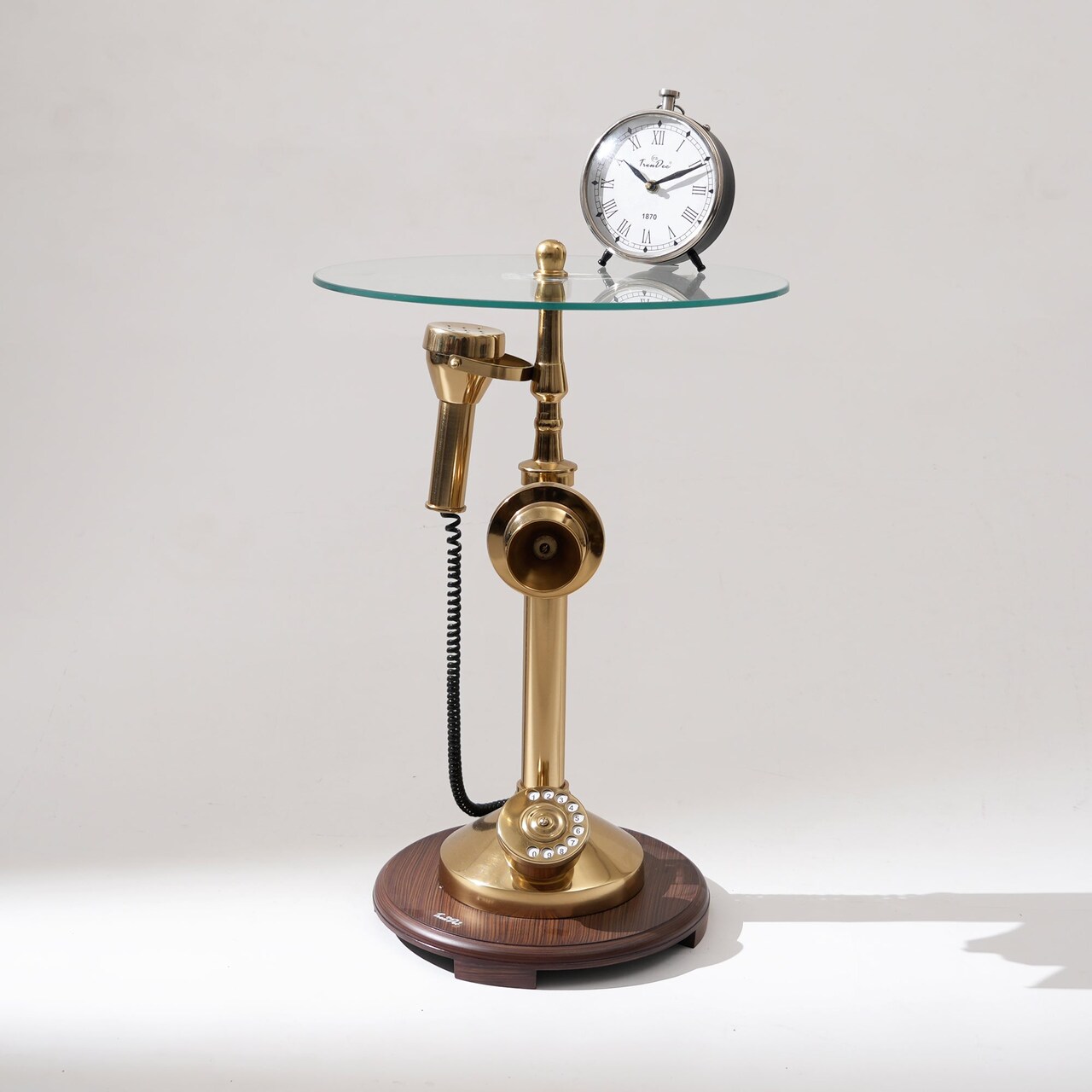 Decorative Gold Polished Aluminum Vintage Telephone Accent Table with Glass Top – 16x16x25"| Unique Side Table